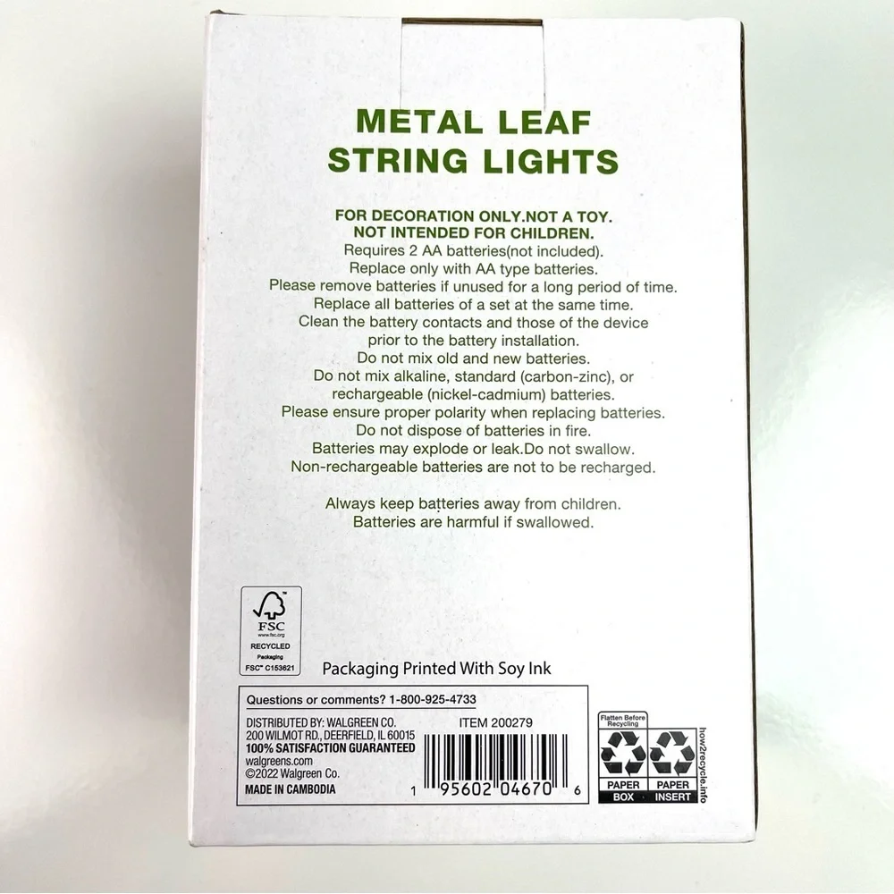Garden Party Leaf LED String Light Set 5.5 feet Indoor Decorative Lights New